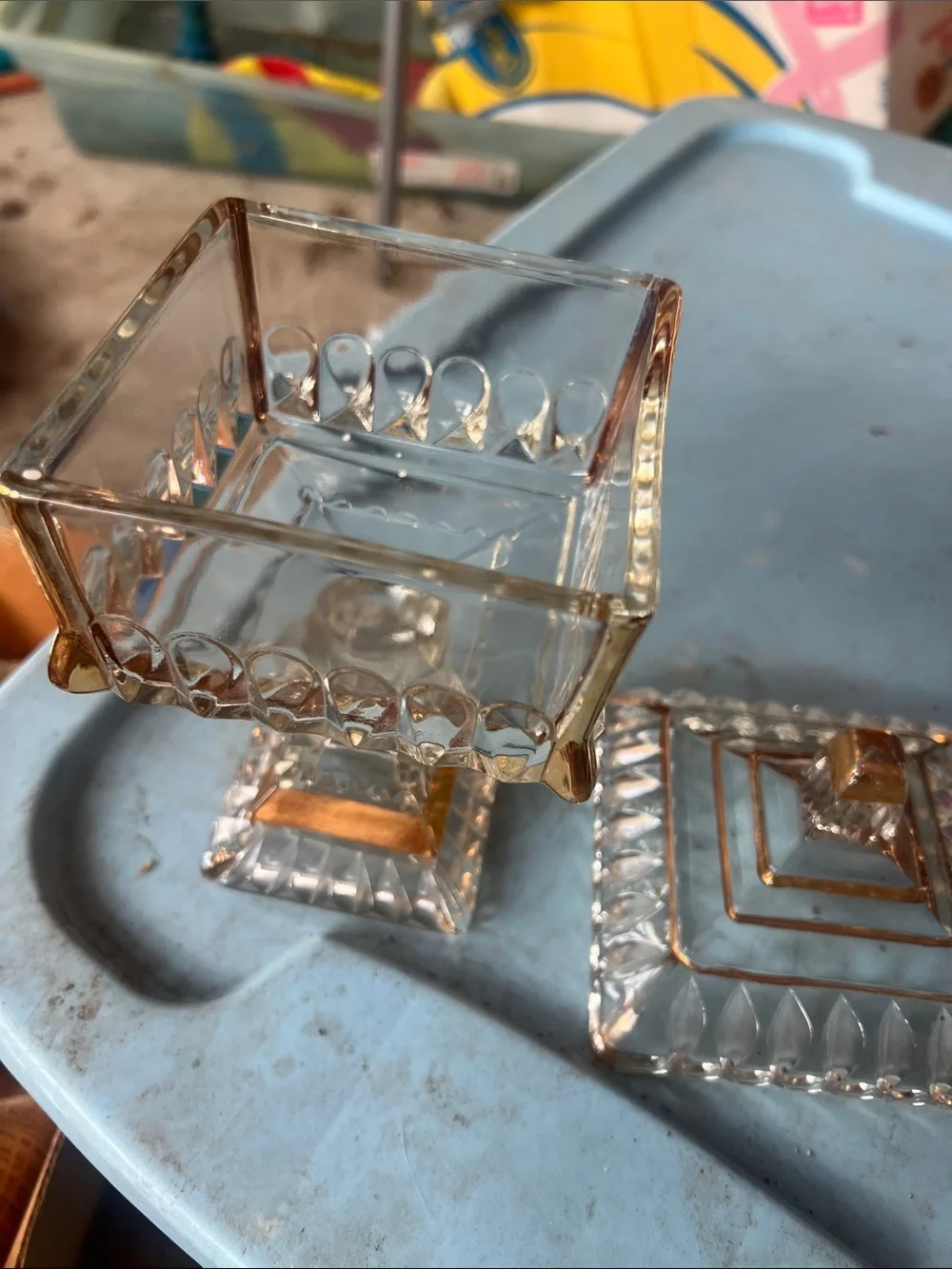 VintageClear Glass Decorative Lidded Candy Dish with Gold Accents - Home Accents